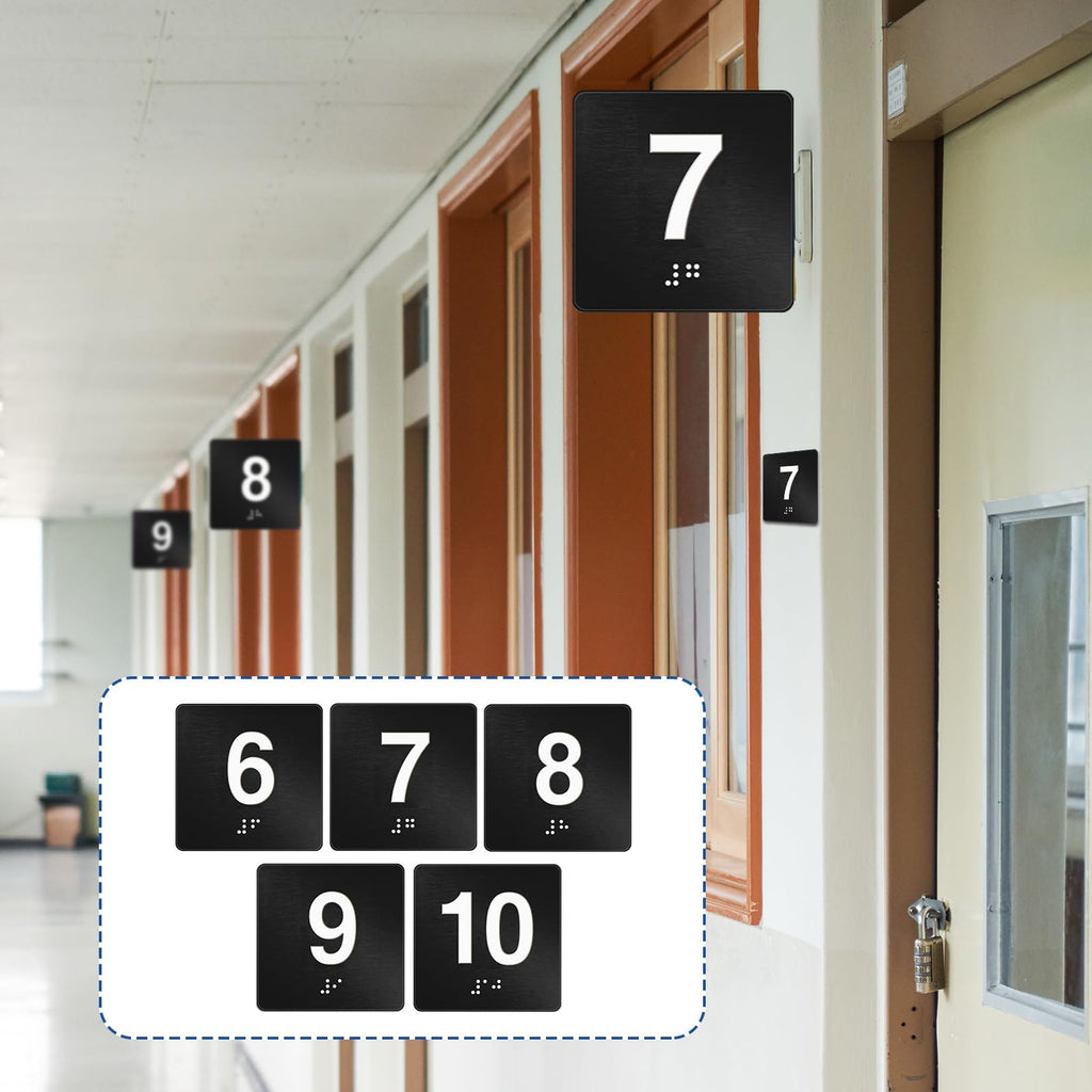 Yaocom 4"x4" Black Exam Room Number Sign Numbers 6-10 Braille for Offices Black/White