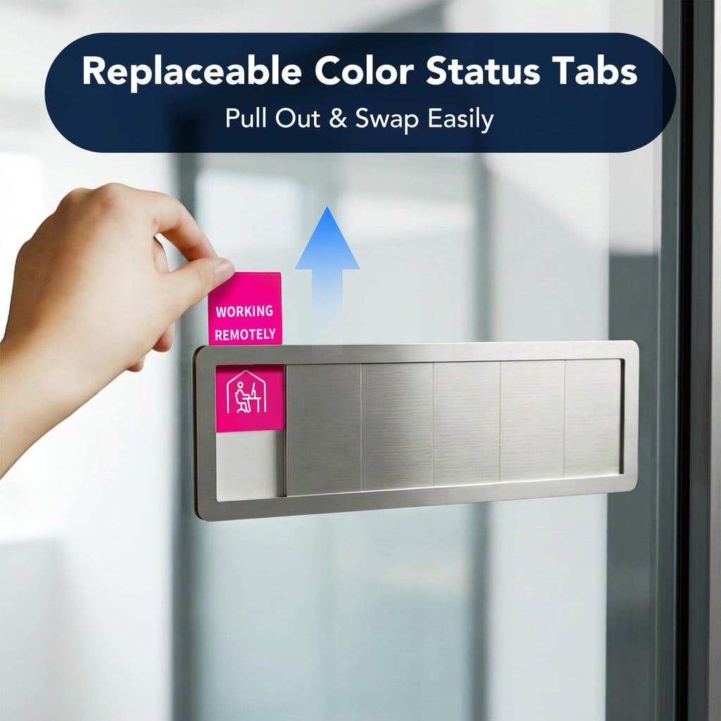 Office Door Sign with 6-Zone Sliding Design, 13 Interchangeable Status Options, Do Not Disturb, Please Knock, In A Meeting, Out Of Office, Back Soon, Custom Privacy Door Slider for Office, Meeting & Conference Room (Brushed Silver) - Patent Pending