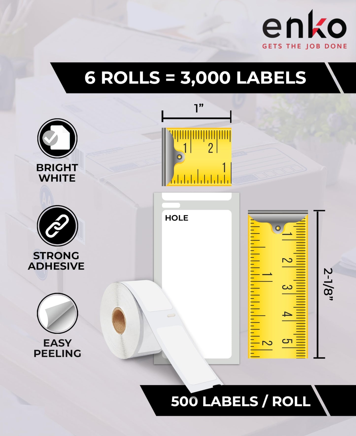 enKo Compatible for Dymo 30336 Labels (1 x 2-1/8 inches) - 6 Rolls, 3,000 Labels for Dymo LabelWriter 450 Turbo Printer and 4XL - Direct Thermal Address, Shipping and Barcode Labels 6 Rolls - 3000 Labels