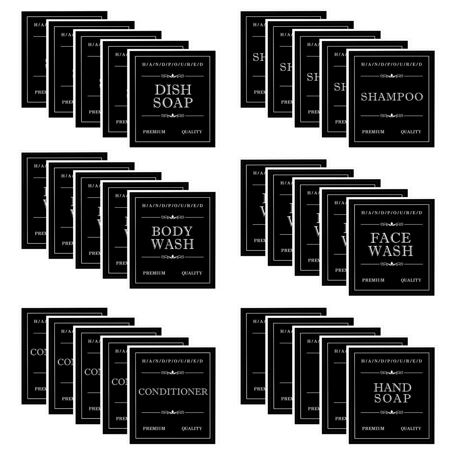 Waterproof Labels for Bottles, 30Pcs Removable Bathroom Organization Stickers for Hand/Dish Soap Shampoo Conditioner Body/Face Wash, Toiletry Labels for Plastic/Glass Bottles
