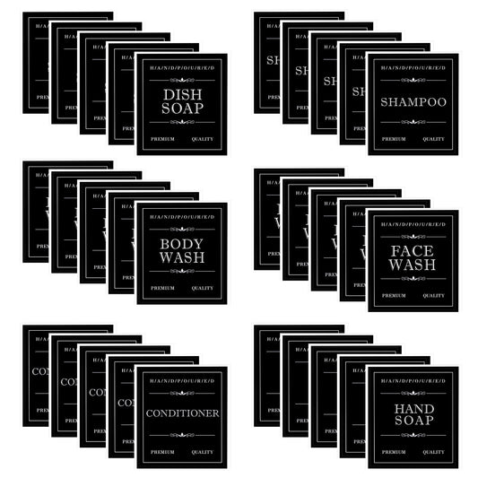 Waterproof Labels for Bottles, 30Pcs Removable Bathroom Organization Stickers for Hand/Dish Soap Shampoo Conditioner Body/Face Wash, Toiletry Labels for Plastic/Glass Bottles