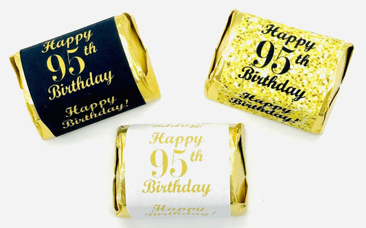 95th Birthday Nuggets Labels, Chocolate Candy Wrapper, (Set of 90) Candy Stickers; 3 Designs: 30 Gold, 30 Black, 30 White, Candy Not Included