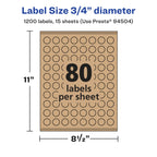 Avery® Kraft Brown Round Labels, Sure Feed® Technology, 0.75" Diameter, 1,200 Kraft Brown Labels, Print-to-The-Edge, Laser/Inkjet Printable 1,200 labels