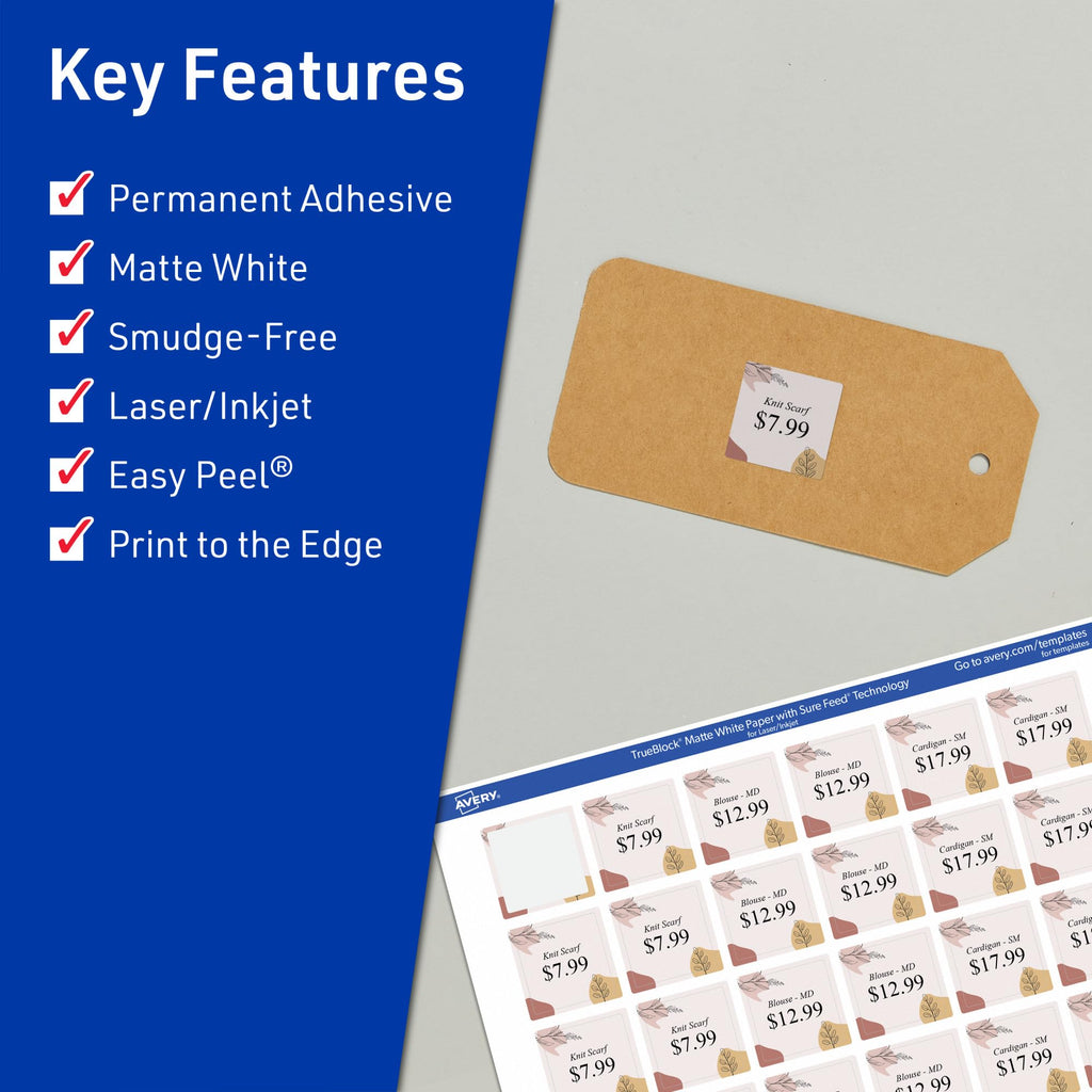 Avery TrueBlock Matte White Square Labels, Sure Feed Technology, 1.5" x 1.5", 1,000 Matte White Labels, Print-to-The-Edge, Laser/Inkjet Printable, Great for Packaging and Product Merchandising 1,000 labels
