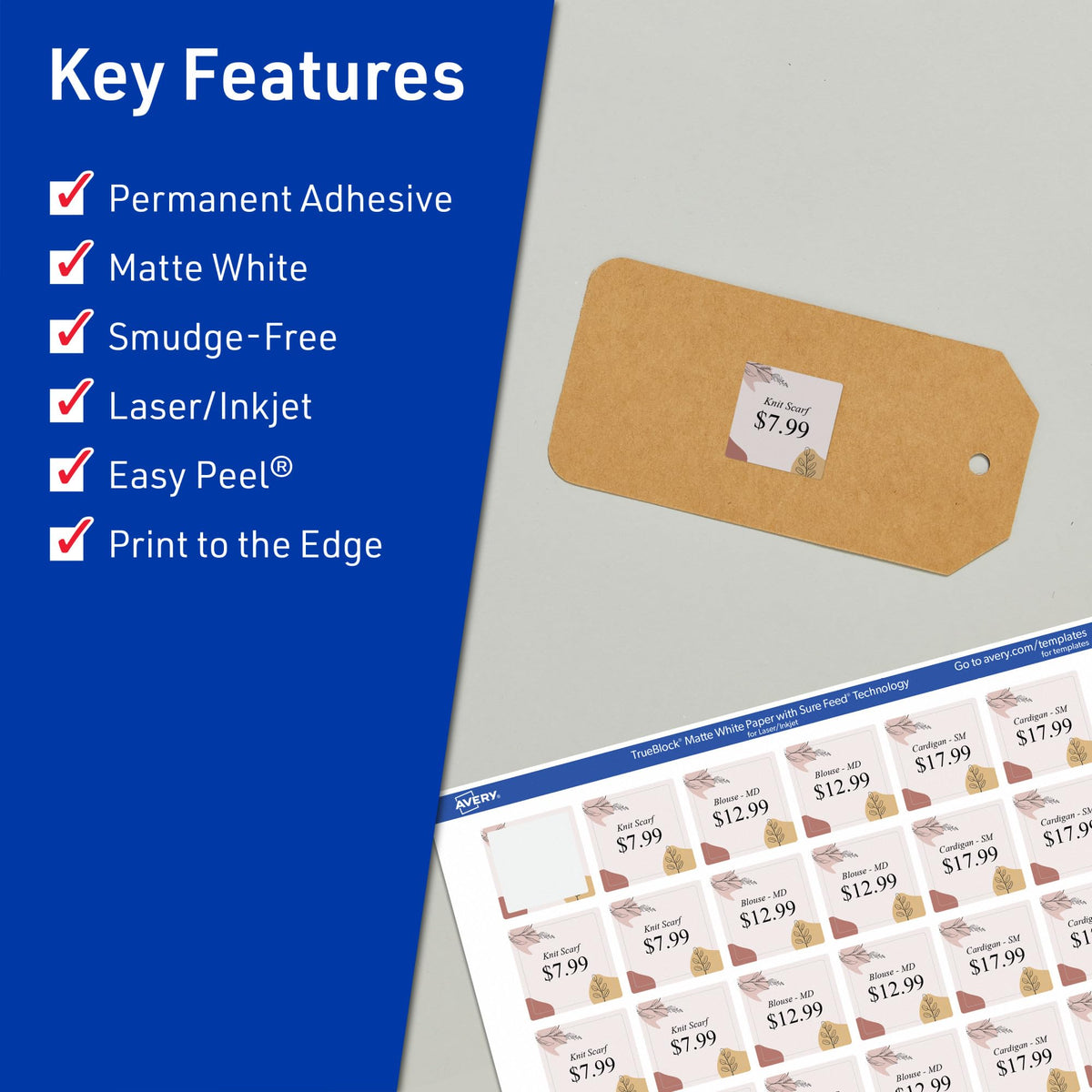 Avery TrueBlock Matte White Square Labels, Sure Feed Technology, 1.5" x 1.5", 1,000 Matte White Labels, Print-to-The-Edge, Laser/Inkjet Printable, Great for Packaging and Product Merchandising 1,000 labels