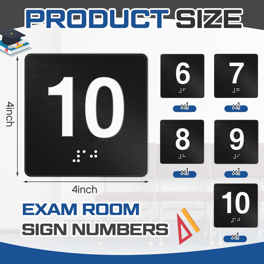 Yaocom 4"x4" Black Exam Room Number Sign Numbers 6-10 Braille for Offices Black/White