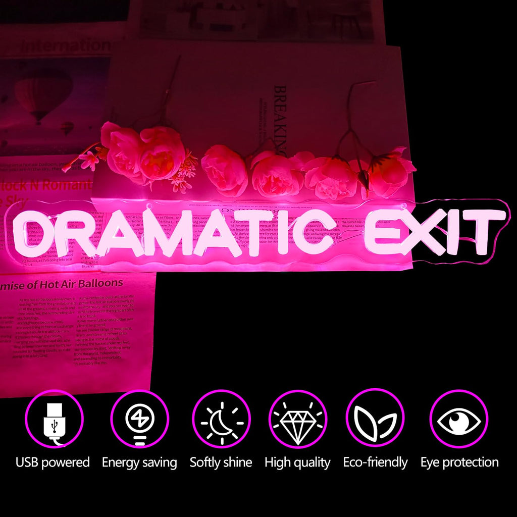 Dramatic Exit Neon Sign for Wall Decor Dimmable Led Theater Room Decor Dramatic Exit Neon Light for Classroom Light Up Signs for Studio, Cinema, Game Room Pink-Dramatic