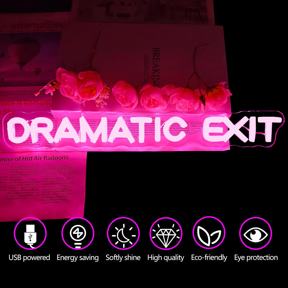 Dramatic Exit Neon Sign for Wall Decor Dimmable Led Theater Room Decor Dramatic Exit Neon Light for Classroom Light Up Signs for Studio, Cinema, Game Room Pink-Dramatic