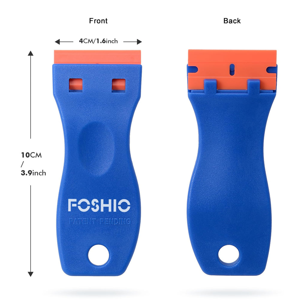 FOSHIO blue plastic razor blade scraper with 2 tools and 100 blades for gasket removal, glass cleaning, and adhesive stripping.