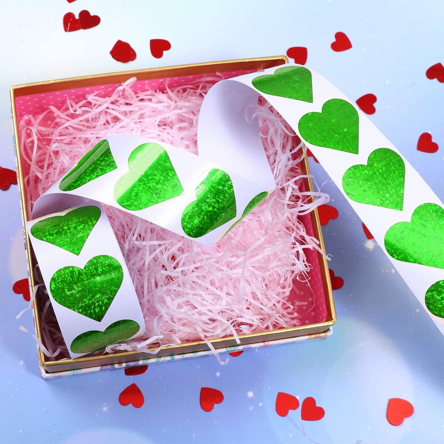 Glitter Heart Stickers, 1.5" Heart Decorative Labels 500 per Roll, Valentine's Day Love Decorations for Wedding Anniversaries (Green) Green