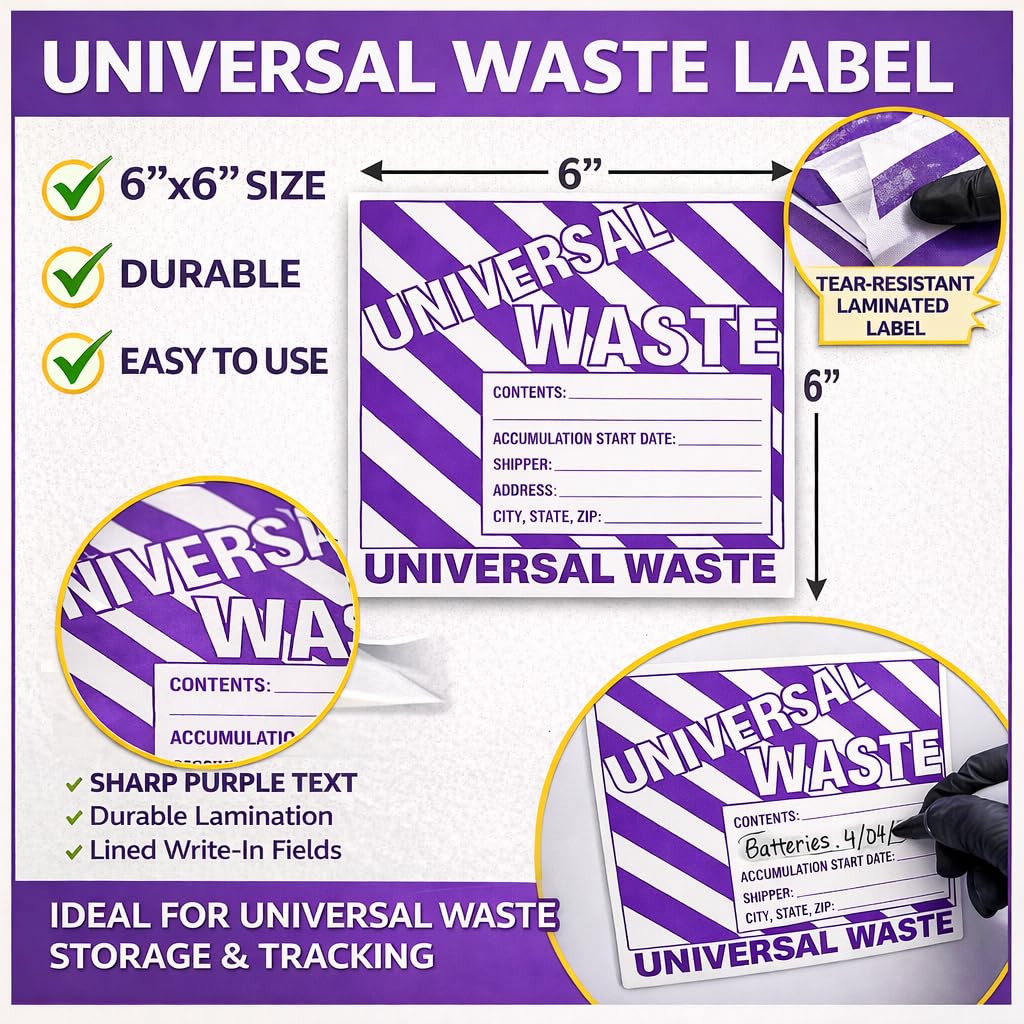 Universal Waste Labels, 6 x 6 inches, Purple/White, Self-Adhesive Vinyl, Pack of 25