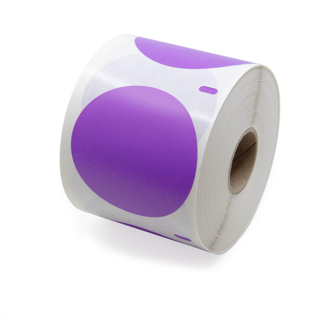 Purple 2.25-inch circle direct thermal industrial label from Labelvalue, showing a close-up of the round label on a plain background.