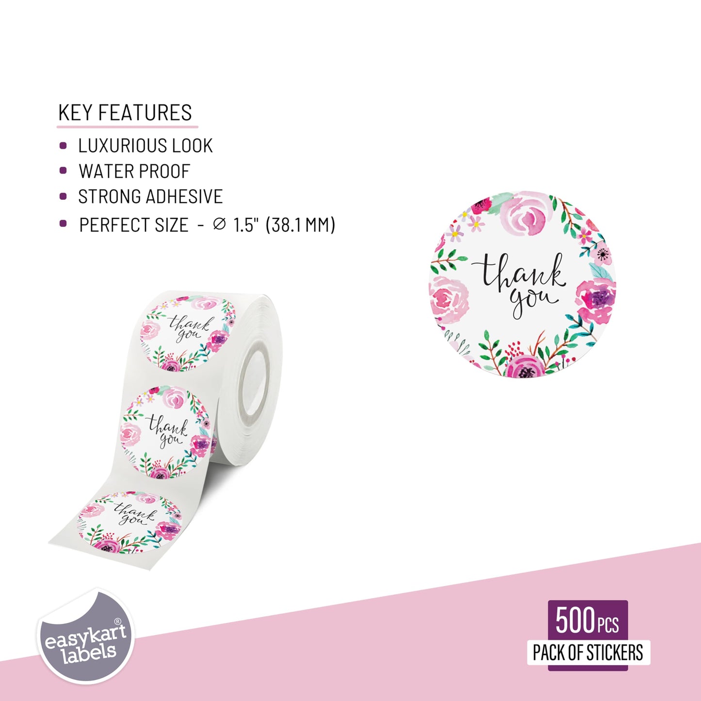 easykart labels 500 Thank You Stickers 1.5" Inch, Pink Water Color Flower Design for Birthdays, Weddings, Giveaways, Bridal Showers and Perfect for Small Business Owners (1 Roll)