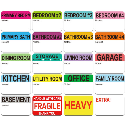 600 Count 3 x 2 Large Home Moving Packing Box Labels for 3-4 Bedroom House with Writable Notes Areas, 17 Color Coded Moving Labels for Boxes + Fragile Moving Stickers + Heavy and Blank Labels 600