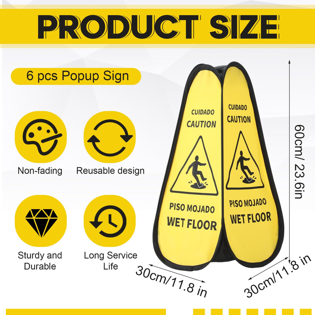 Sabary 6 Pcs 24 Inches Pop up Wet Floor Sign Yellow 4-sided Foldable Bilingual Caution Wet Floor Sign Safety Warnings Caution Cone for Commercial Office Stores Grocery Restaurant Indoors & Outdoors