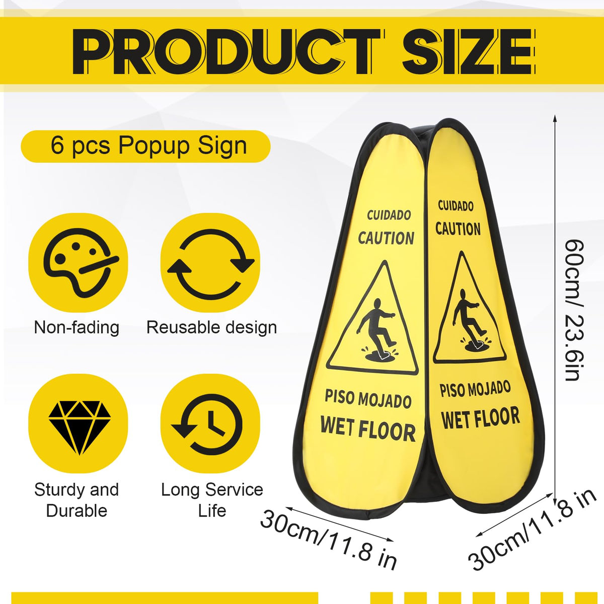 Sabary 6 Pcs 24 Inches Pop up Wet Floor Sign Yellow 4-sided Foldable Bilingual Caution Wet Floor Sign Safety Warnings Caution Cone for Commercial Office Stores Grocery Restaurant Indoors & Outdoors