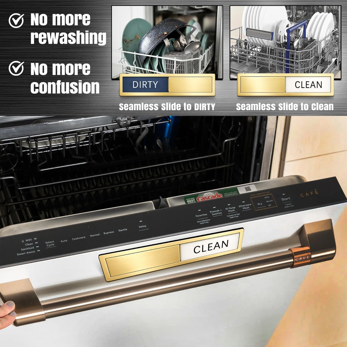 Premium Stainless Steel Clean Dirty Magnet for Dishwasher - Universal Dishwasher Clean Dirty Magnet for All Kitchen Appliances | Smooth Glide & Anti-Rust Frame (7 x 1.6 Inches) (Gold) Gold