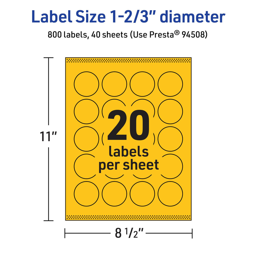 Avery Printable Round Labels, Sure Feed Technology, 1-2/3" Diameter, Bright Yellow Labels, Print-to-The-Edge, Laser/Inkjet Printable, 800 Total, Great for Stickers and Candles 800 Labels