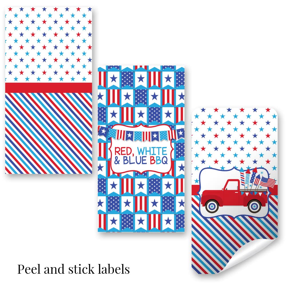 Red, White & Blue BBQ Party Mini Chocolate Candy Bar Sticker Wrappers, 45 1.4" x 2.6" Wrap Around Labels by Amanda Creation, Great for Party Favors