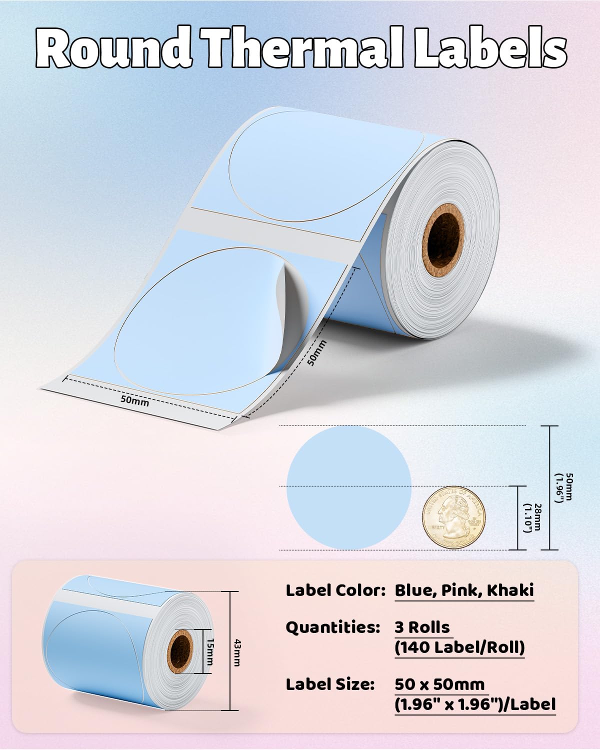 M220 Label, M110 Thermal Labels Round - 1.96"(50mm) Waterproof Circle Sticker for Compatible with Phomemo M110 M150 M220 M221 M250 M260 M100 Labels Printer, Pink, Blue, Khaki, 3 Rolls for Logo, Thanks Pink Blue Khaki 1.96"x1.96"