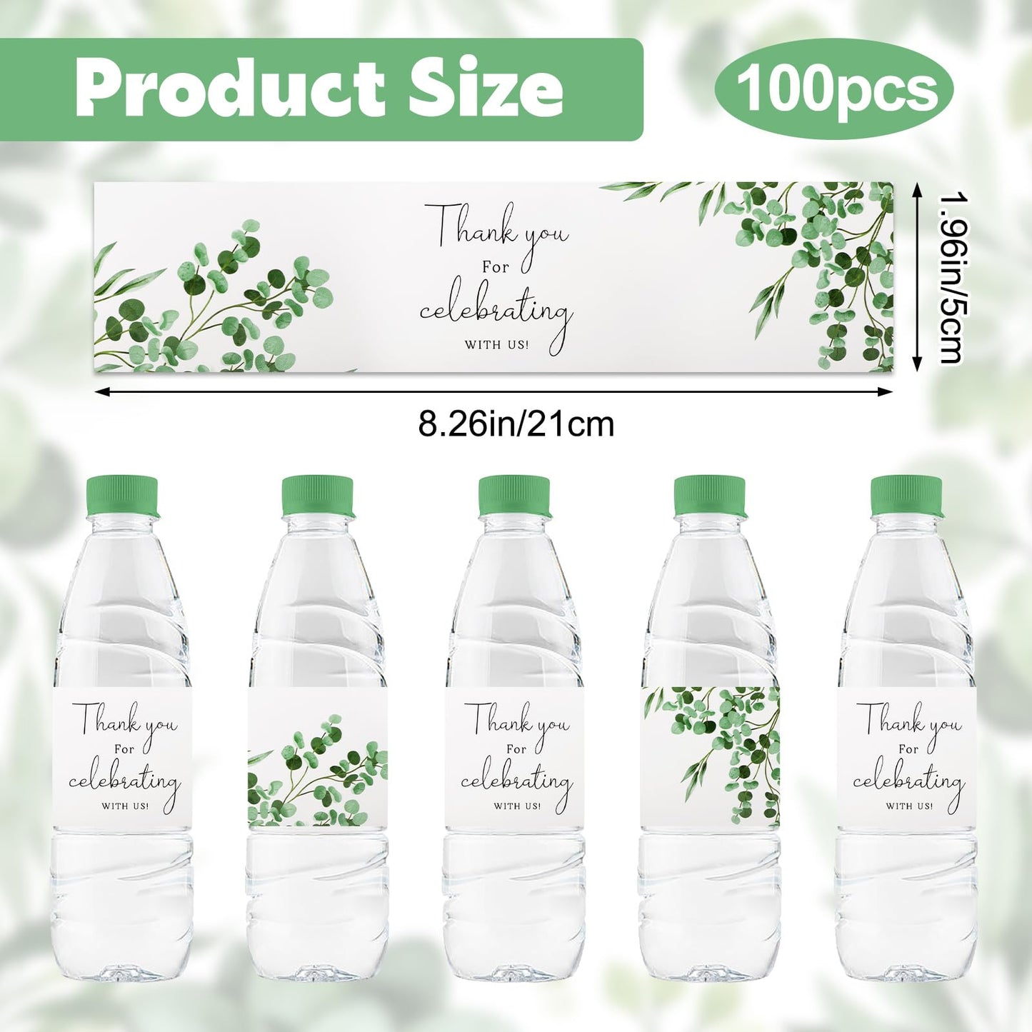 Wedding Water Bottle Labels Thank You, 100Pcs Greenery Water Bottle Wraps Eucalyptus Leaf Wraparound Labels Water Bottle Stickers for Birthday Bride Shower Green