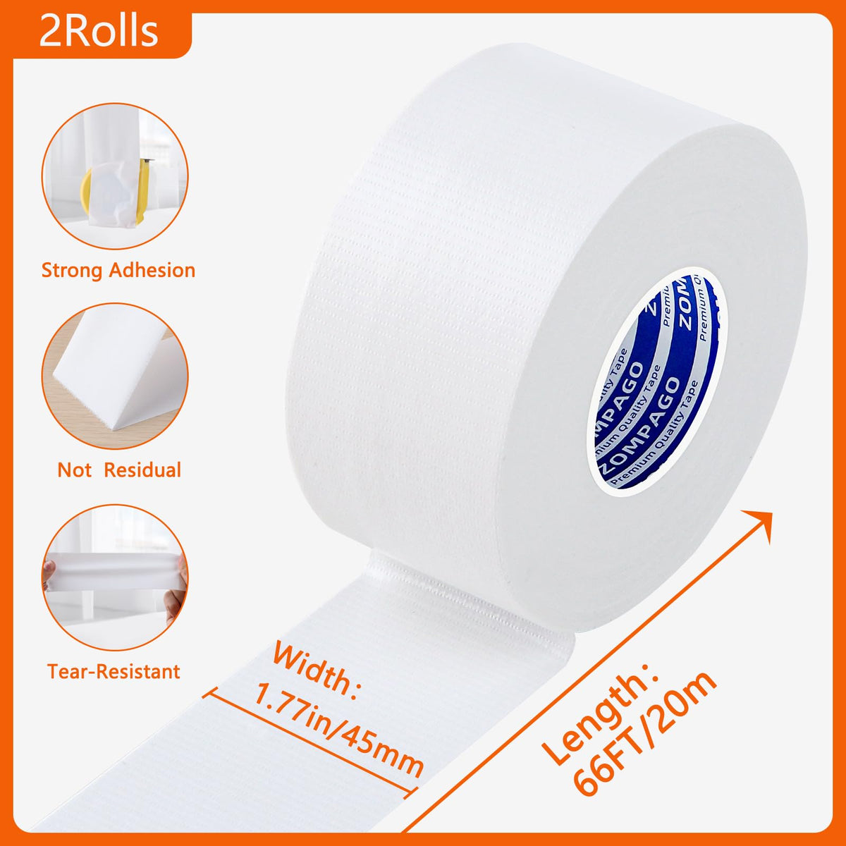 ZOMPAGO Strong Adhesive Cloth Weather Stripping Tape for Sliding Windows and Door Frames - 2Roll,1.8inx33FT,White,Seal Strip for Soundproofing,Dustproof, Waterproof,and Windproof-Durable 2 Roll, 1.8 in x 33 FT, White