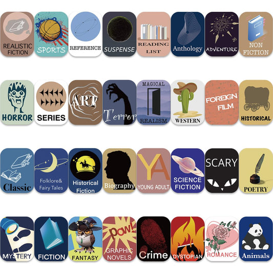 480PCS Library Genre Stickers,Book Spine Labels for Library,Classroom Library Classification Labels,Fiction Fantasy Romance Historical Adventure Sports(32 Designs)
