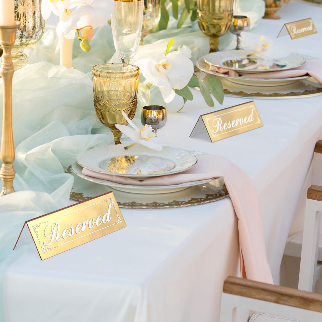 12 PCS 6"x2" Gold Mirror Reserved Table Signs, Double-Sided Lettering