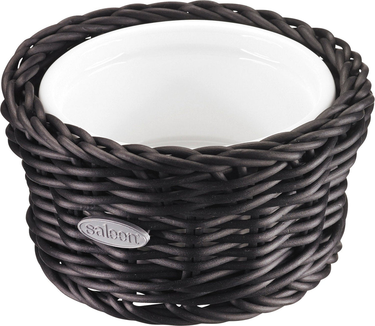 Saleen 02100619160 Round Wicker Basket with Porcelain Bowl Insert, Black