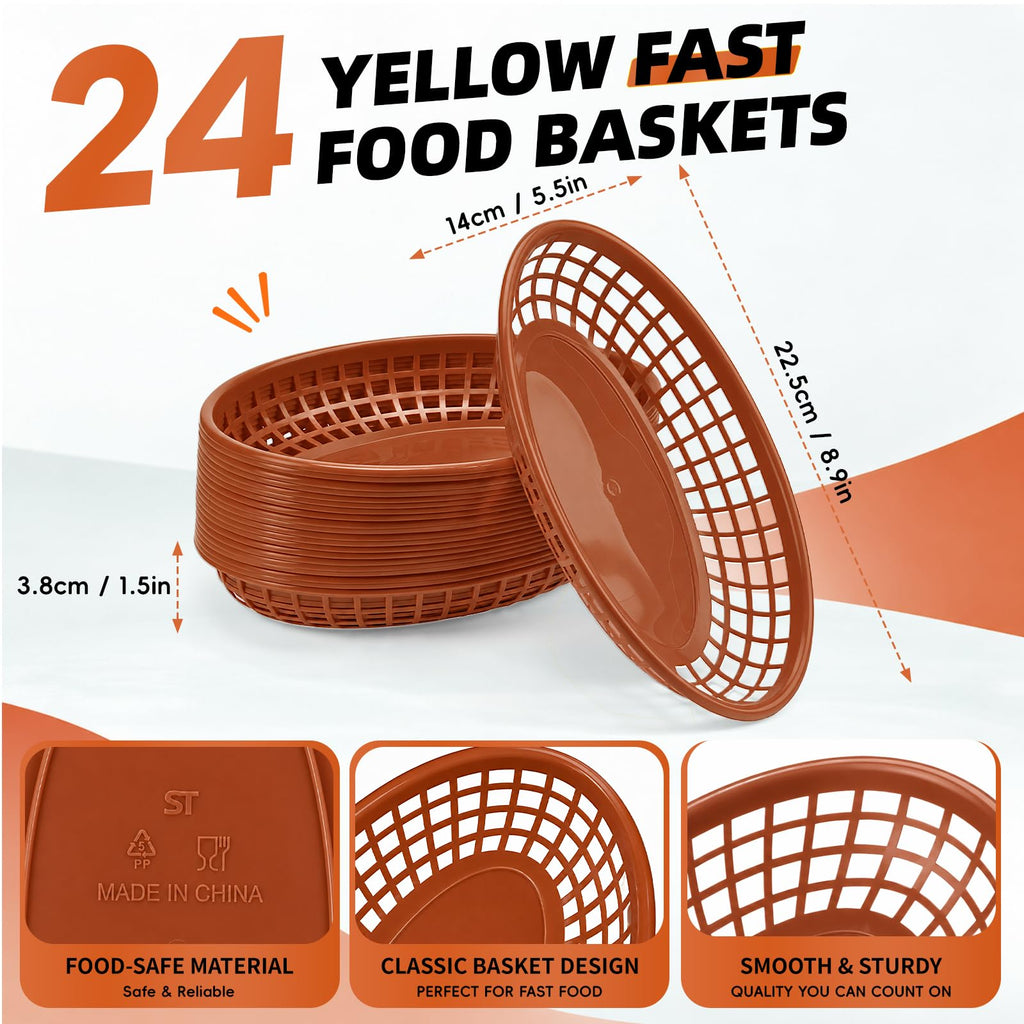 24 Pack, Oval Plastic Fast Food Basket, 8.9 x 5.5 Inch (Brown) Brown
