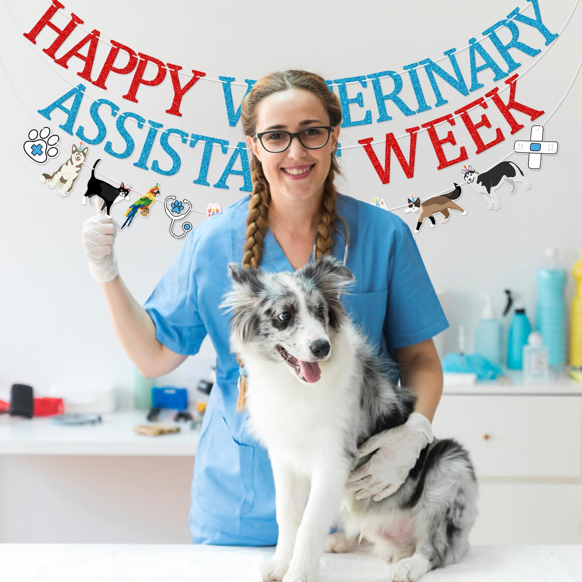 Qttier Happy Veterinary Assistant Week Banner, Pre-strung
