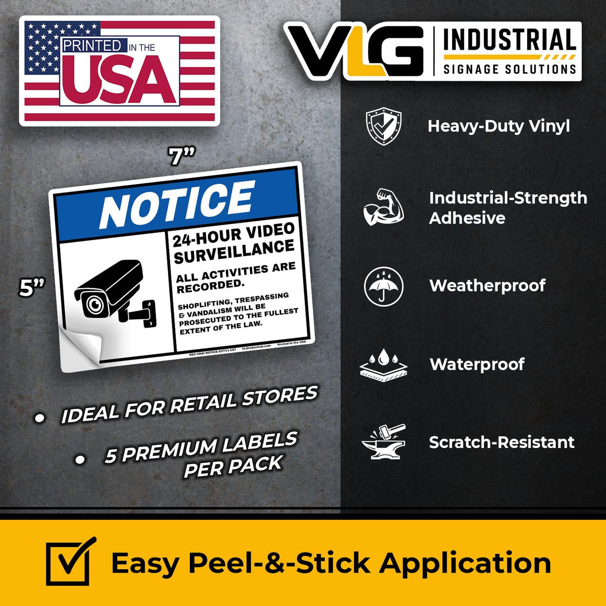 NOTICE 24-Hour Video Surveillance Stickers 5-Pack 5" x 7" – All Activities Are Recorded Security Camera Warning Decals – ANSI Style CCTV Surveillance Labels for Business, Property, Doors & Entrances
