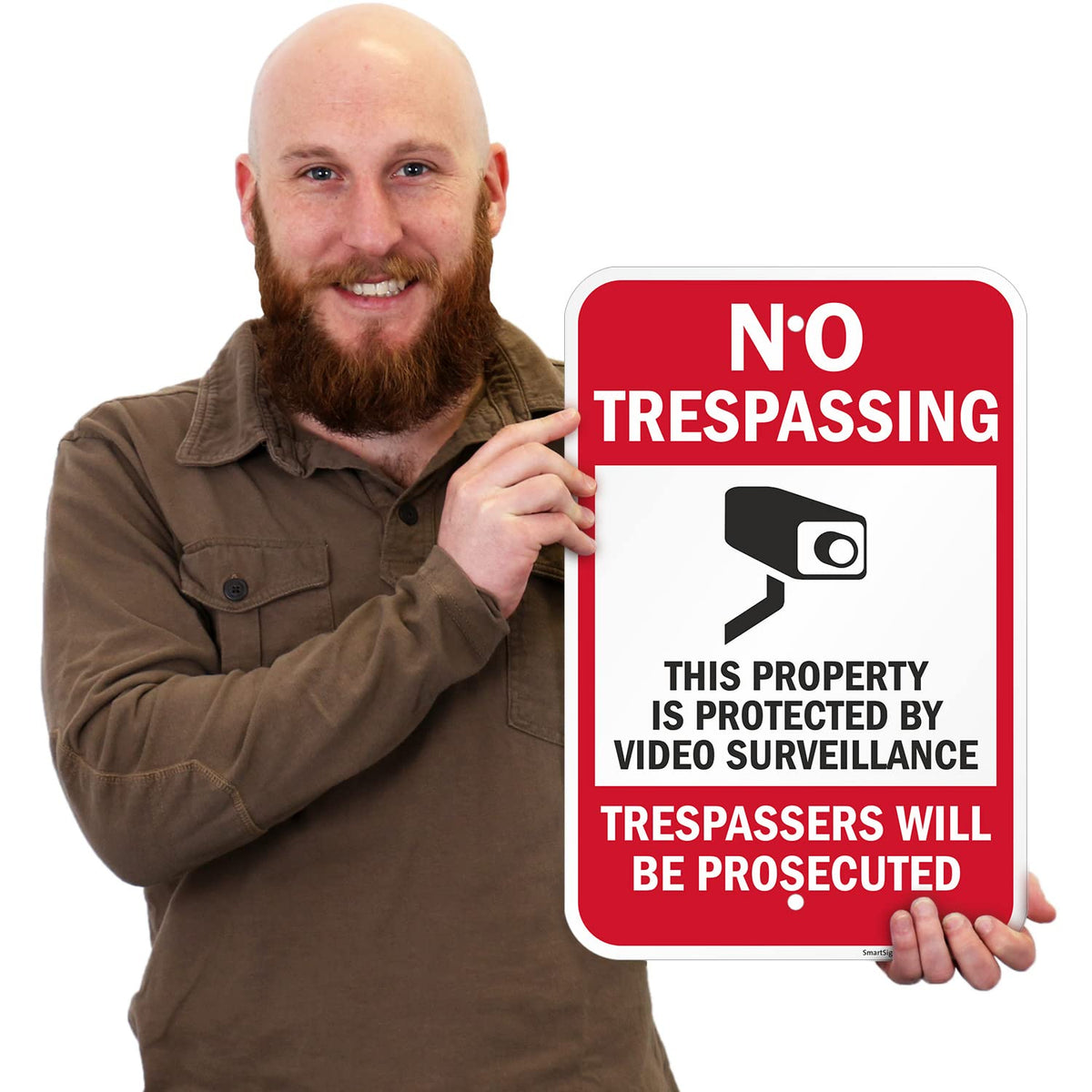 SmartSign 18 x 12 inch “No Trespassing - Property Protected by Video Surveillance, Trespassers Prosecuted” Metal Sign, 63 mil Laminated Rustproof Aluminum, Red, Black and White
