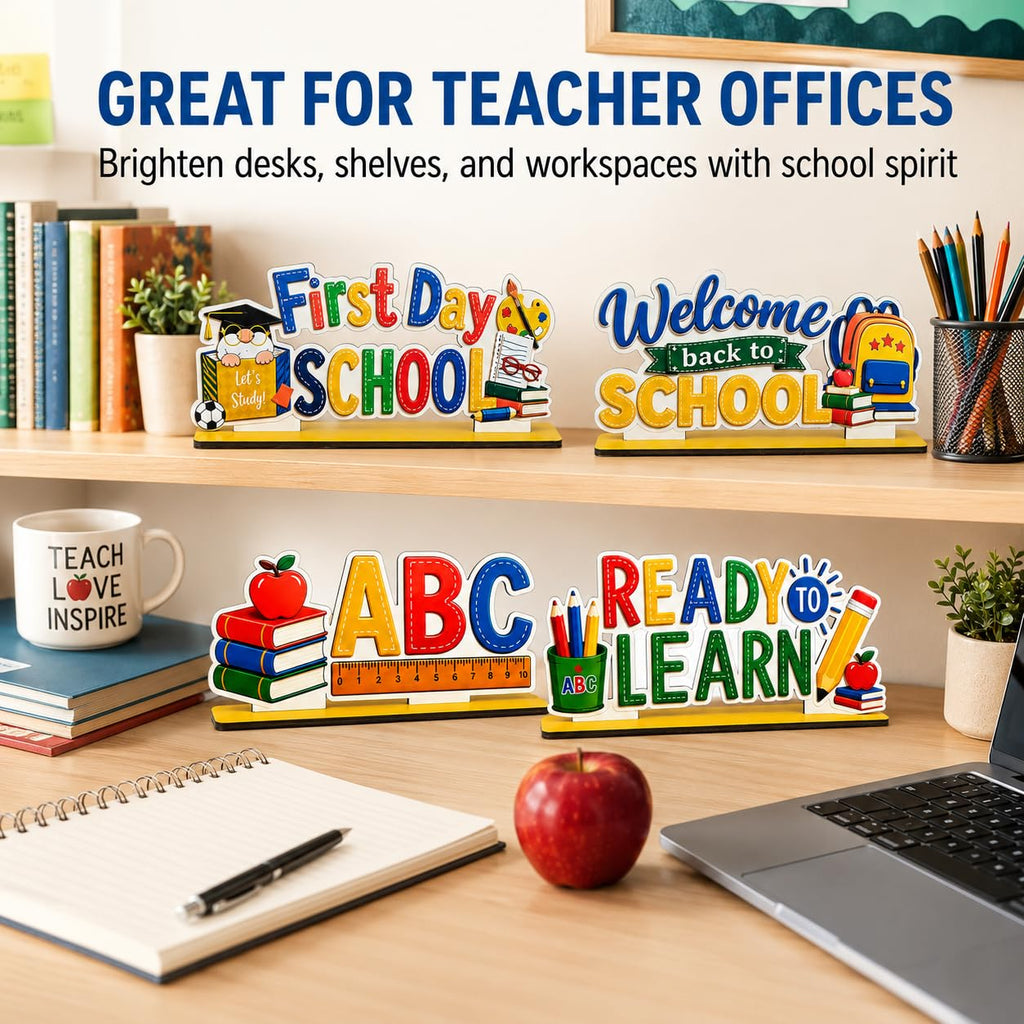 5 Pcs Back to School Decorations, Wooden Table Sign Set, First Day of School Desk Decor for Classroom Teacher Office Homeschool Bus–double-sided
