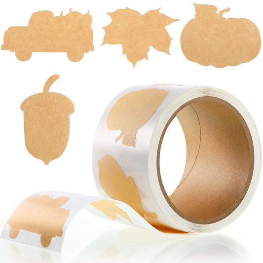 200 Pieces Thanksgiving Fall Stickers Autumn Kraft Paper Labels Stickers Leaves Sticker Pumpkins Kraft Sticker for Decorating Cards,Bottle, Envelopes, Brown Autumn Label for Halloween Party Favor