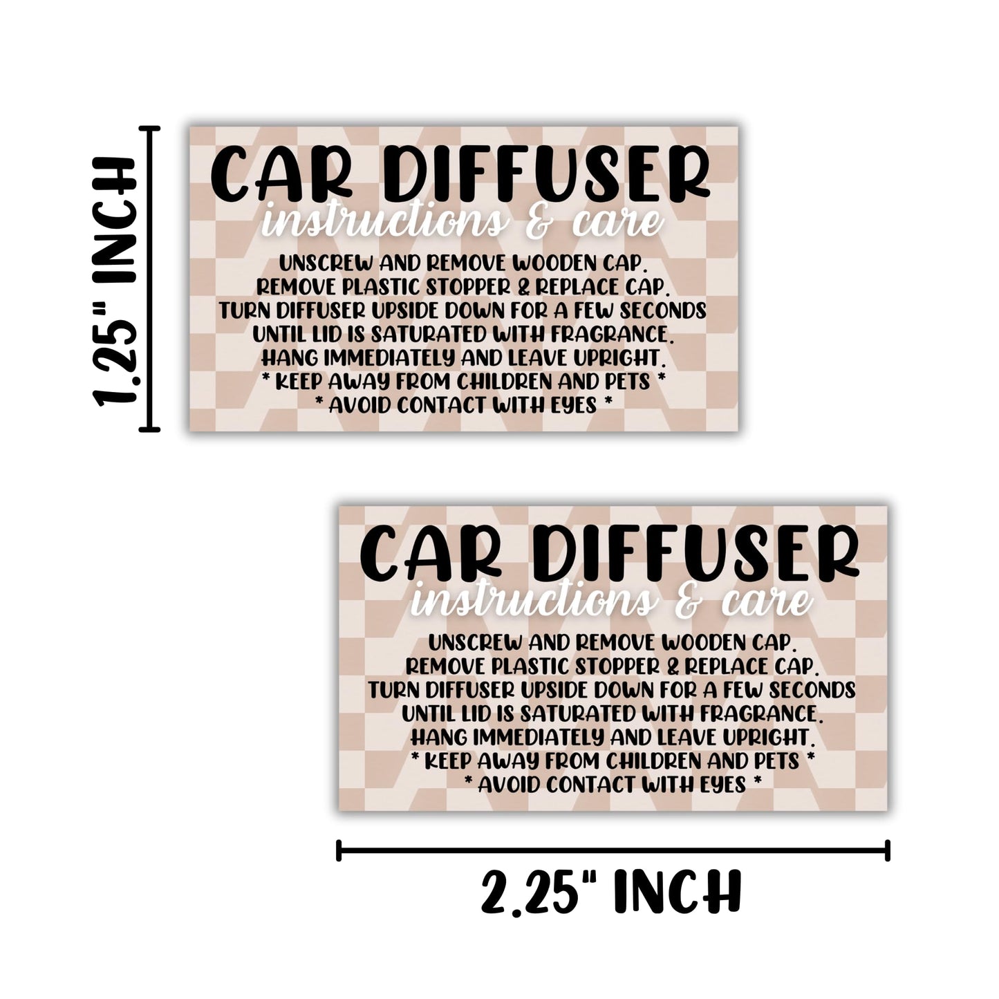 Car Oil Hanging Diffuser Care & Instructions Labels | 250 pc Roll 1.25” x 2.25” in. Stickers Reed Diffuser Car Vent Diffuser Wooden Top Minimalist Tan Checkered Warning How to Use Clients Scent Label