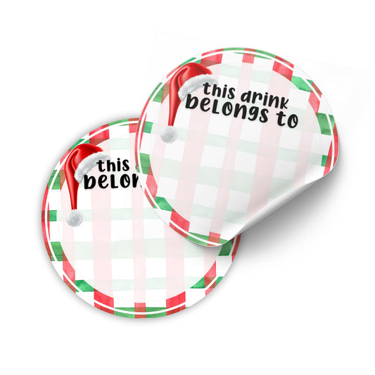 This Drink Belongs to Christmas 2” Sticker for Party Cups | 40 Pack Checkered Minimalist Writing Name on Holiday Parties Drink Label