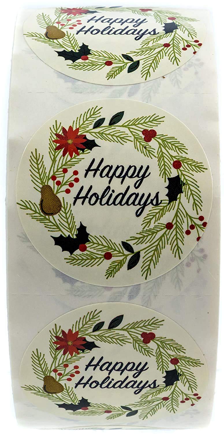 Ivory Holiday Floral Happy Holidays Stickers / 1000 White Wreath Christmas Labels Roll / 1.5" Round Envelope Seals/Made in The USA Ivory