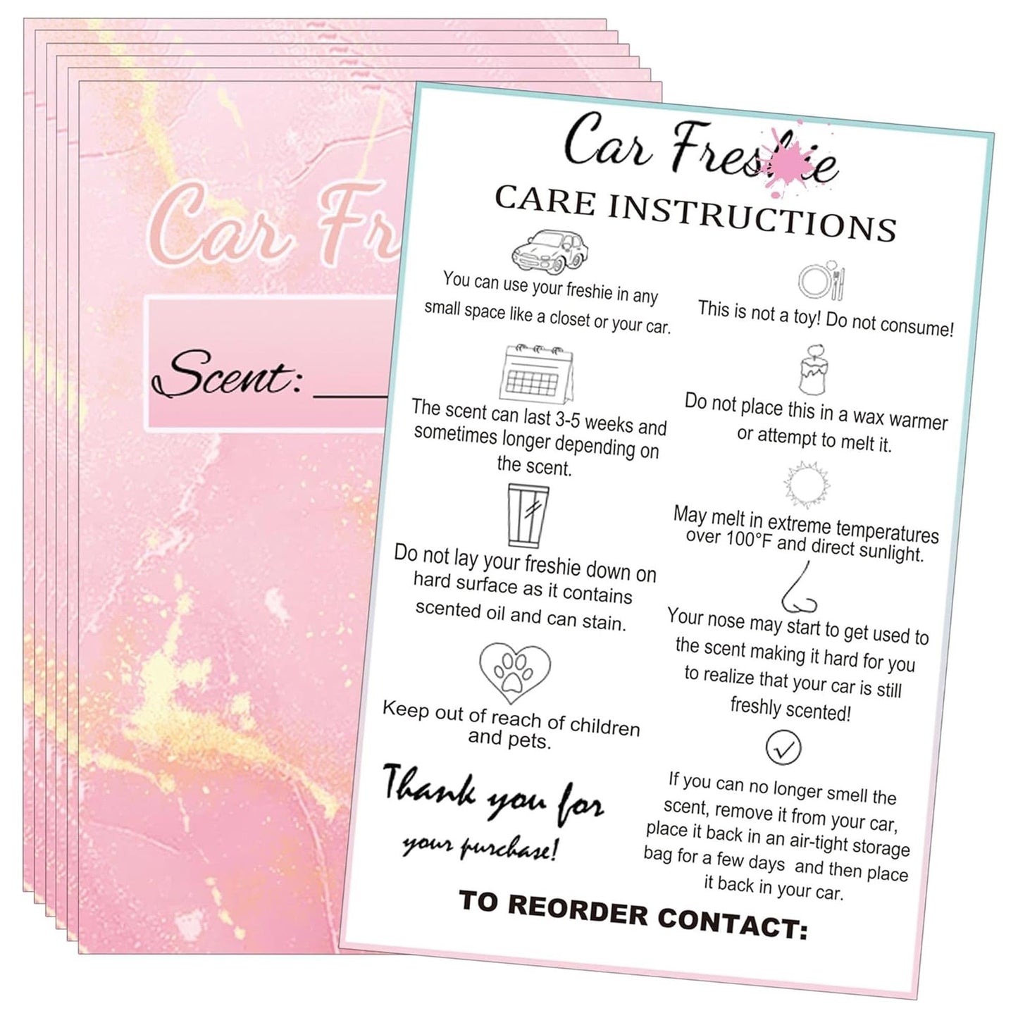 Car Freshiess Insert Cards Freshies Scent Label 4”x6”Care Instruction Cardstock DIY Crafts Label Stickers for Freshies Car Business,Beads and Silicone Molds Supplies 50 Pcs