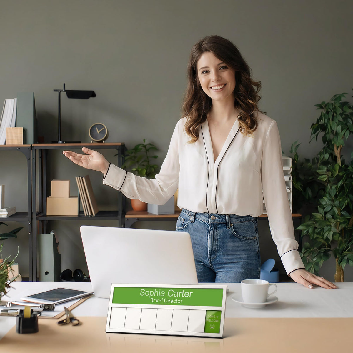 Name Plate for Desk& Office Door Sign, 7 Options Do Not Disturb, In A Meeting, Out of Office, Working Remotely, Please Knock, Come in Welcome，Stick or Stand with Desk Name Plate, Brushed Gold with icon 7 Options Working Remotely