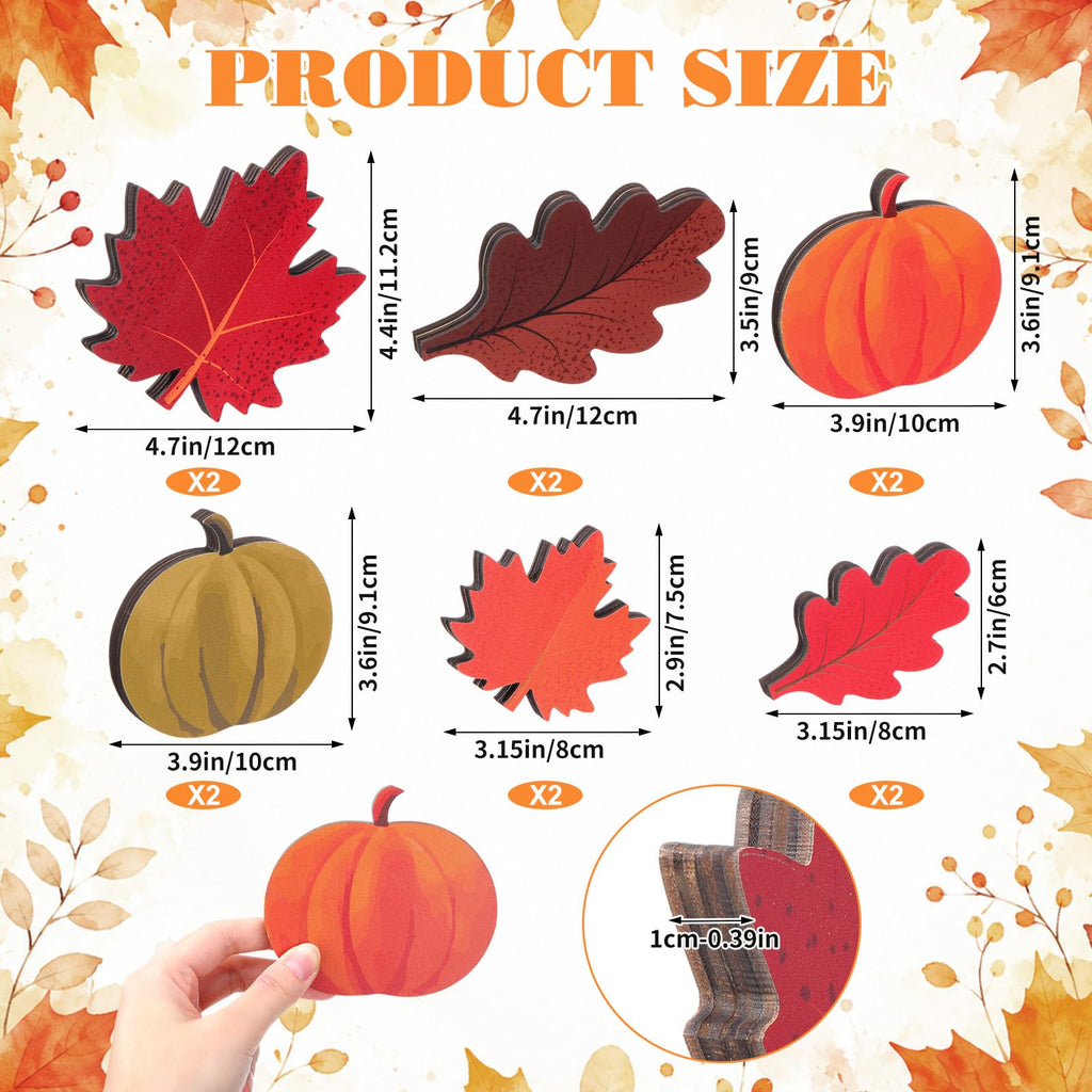 Yookeer 12pcs Fall Tiered Tray Decor Wooden Pumpkin Maple Oak Leaves 12