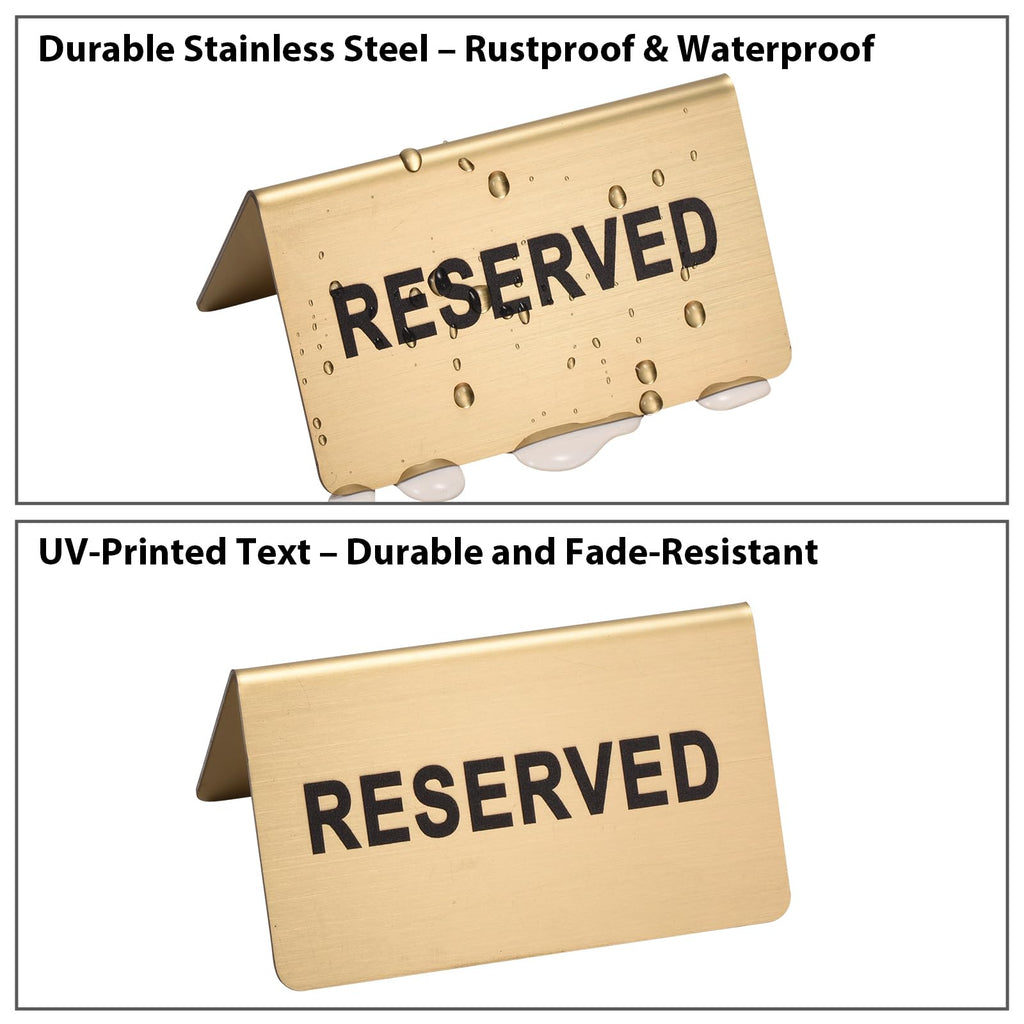 Stainless Steel Reserved Table Sign, Set of 6, 2.36 x 3.94 Inch Tent-Style Signs, Brushed Gold Metal, Durable and Easy to Read for Restaurants, Cafes, Hotels, Weddings, and Events (Gold)