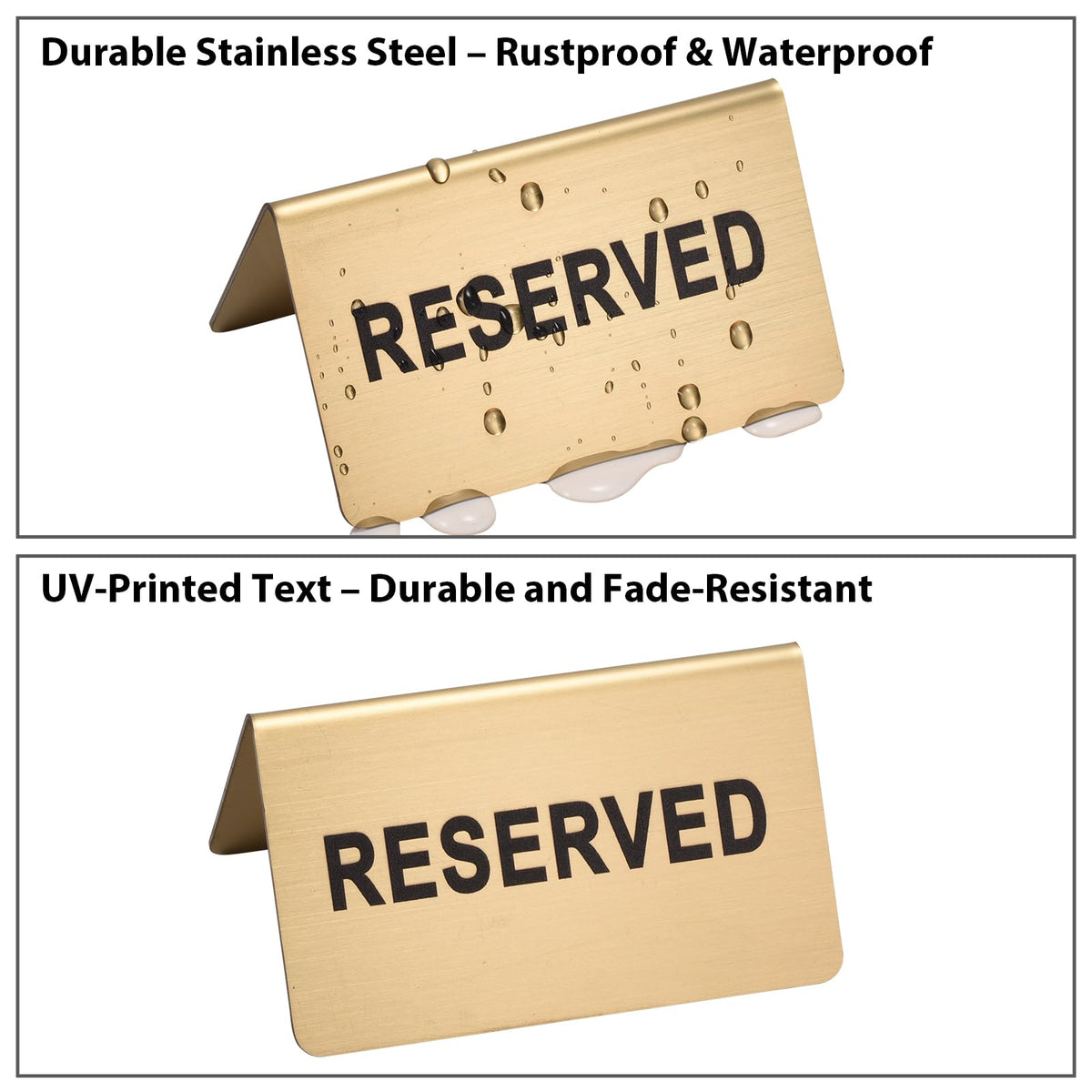 Stainless Steel Reserved Table Sign, Set of 6, 2.36 x 3.94 Inch Tent-Style Signs, Brushed Gold Metal, Durable and Easy to Read for Restaurants, Cafes, Hotels, Weddings, and Events (Gold)