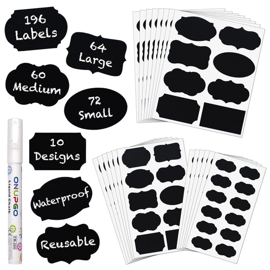 ONUPGO 196Pcs Chalkboard Labels for Jars, Removable Labels for Storage Bins, Reusable Chalk Labels for Food Containers with 1 Liquid Chalk Marker for Home Kitchen Storage and Organization A-196 Labels With 1 Pen