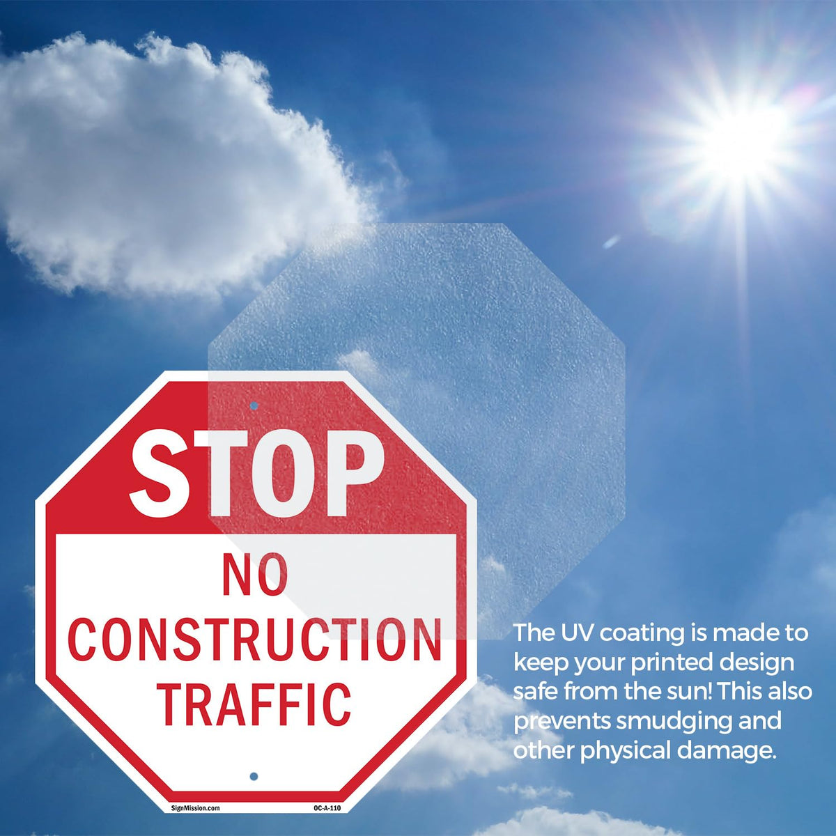 Stop No Construction Traffic 18 inch X 18 inch Octagon Plastic Sign Weather Resistant, UV Protected for Workplace, Private Property, and Construction Site, Made in the USA