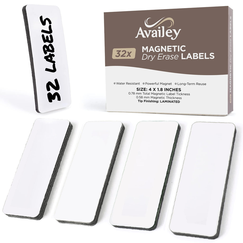 Availey 72 Pcs Magnetic Dry Erase Labels - 32 Pieces of 4 x 1.8 and 40 Pieces of 3 x 2 with Full White Front