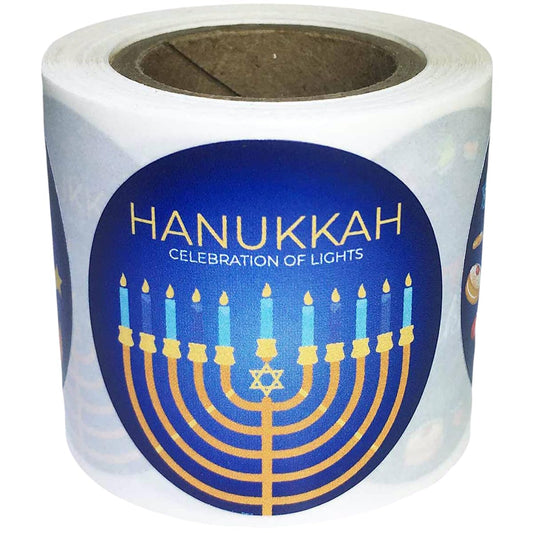 Happy Hanukkah Vibrant Blue and Gold Labels – Set of 100 Adhesive Holiday Stickers, 4 Unique Hanukkah Designs for Festive Gift Wrapping, Made in The USA