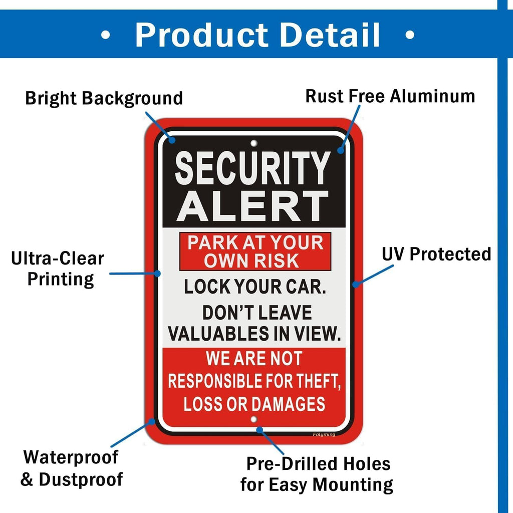 Security Alert Sign Park At Your Own Risk Lock Your Car & Don't Leave Valuables Not Responsible For Theft/Loss/Damages Signs 12x18" For Parking Lot, Business Red / Black / White Señal de Alerta de Seguridad 2 Pack