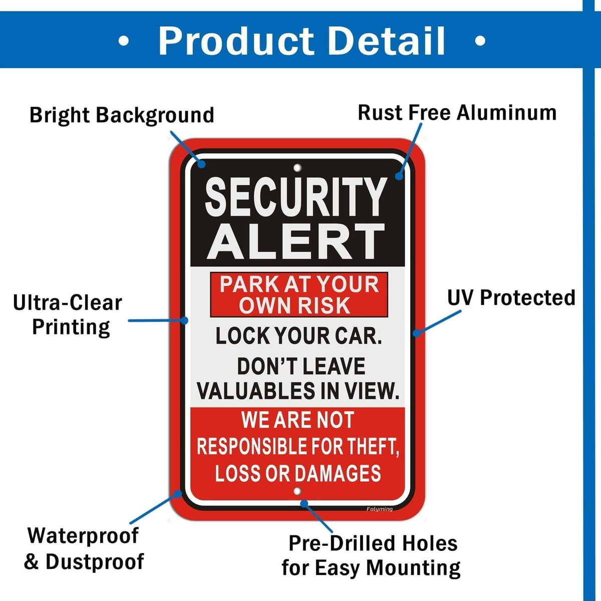 Security Alert Sign Park At Your Own Risk Lock Your Car & Don't Leave Valuables Not Responsible For Theft/Loss/Damages Signs 12x18" For Parking Lot, Business Red / Black / White Señal de Alerta de Seguridad 2 Pack