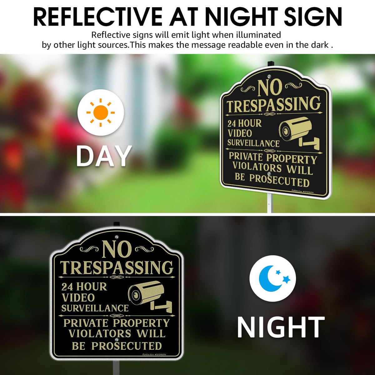 Faittoo No Trespassing Signs Private Property Video Surveillance Sign with 42" Stake, 2-Pack 12"x12" Rust Free Aluminum, Reflective, 2 Pre-drilled Holes, Includes Matching Screws & Wren Black Gold with 42" Stake- 2 Pack